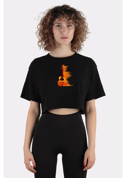 Siyah Pamuk Bisiklet Yaka Crop T-Shirt Acoustic Jazz Guitar TWO_EM1038