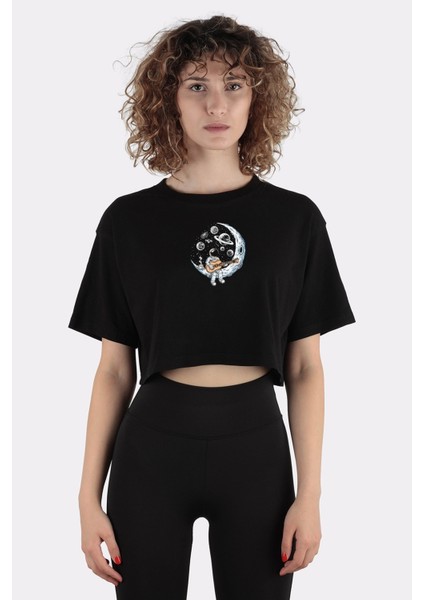 Siyah Pamuk Bisiklet Yaka Crop T-Shirt Astronaut Playing Guitar On MOON_EM1068