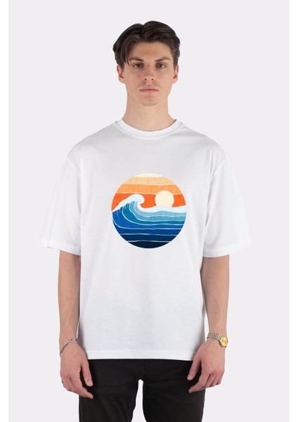 Beyaz Oversize T-Shirt The Retro Waves Sunset