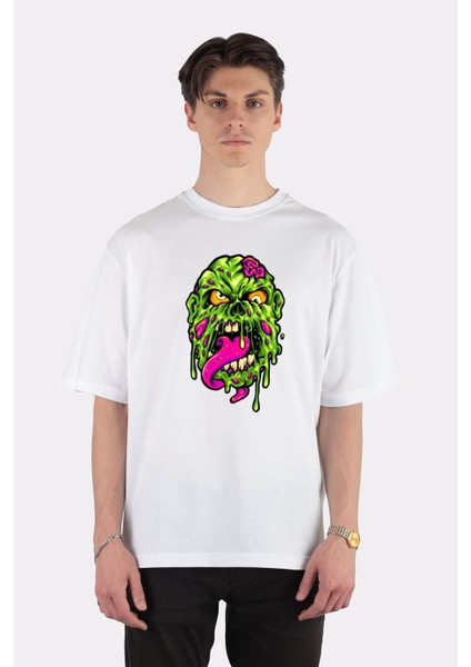 Beyaz Oversize T-Shirt Scary Zombie Head Horror Halloween