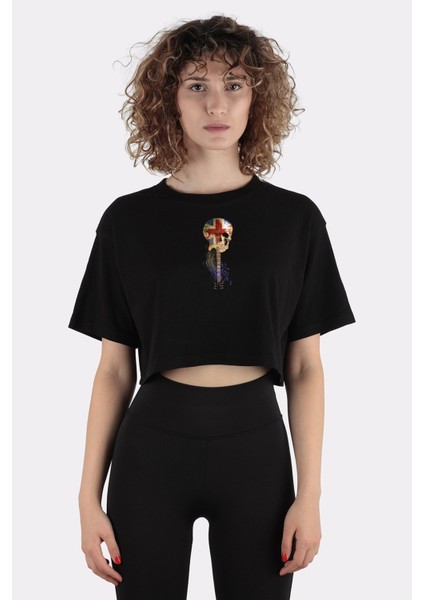 Siyah Pamuk Bisiklet Yaka Crop T-Shirt Brit Rock Skull GUITAR_EM1161