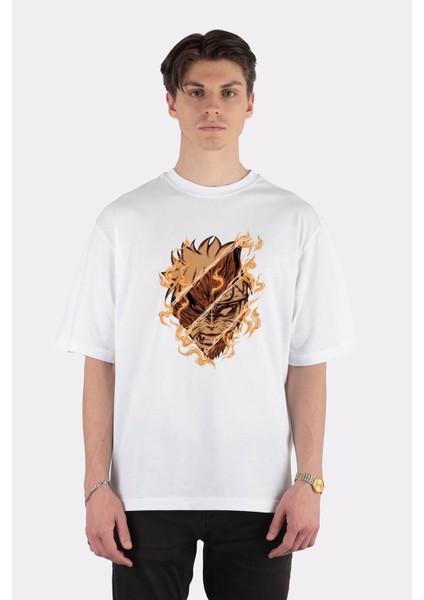 Beyaz Oversize T-Shirt Ninja And The Nine Tailed Demon Fox - With Line Art