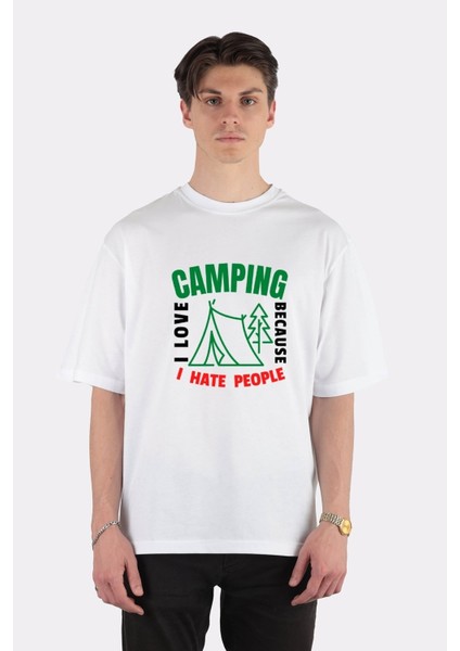 Beyaz Oversize T-Shirt I Love Camping Because I Hate People