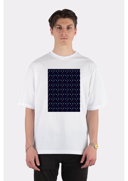 Beyaz Oversize T-Shirt Solar System Pattern Design