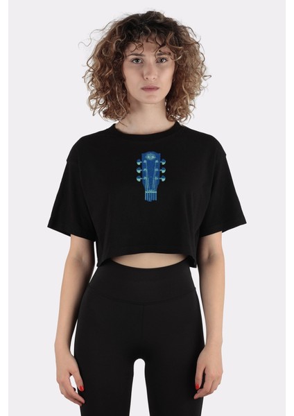 Siyah Pamuk Bisiklet Yaka Crop T-Shirt Acoustic ONE_EM1022