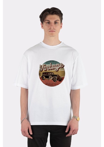 Beyaz Oversize T-Shirt Vıntage Retro Car Classıc Lover