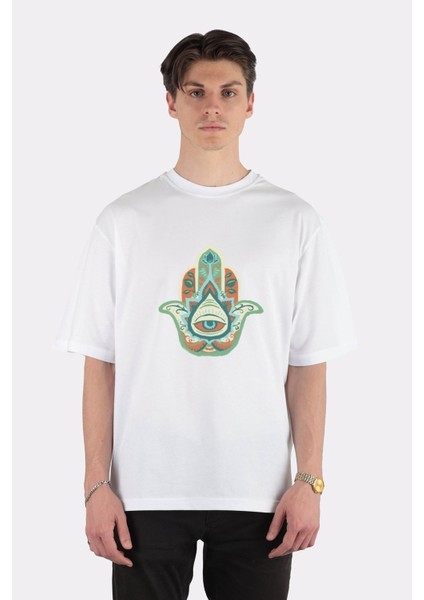 Beyaz Oversize T-Shirt Hamsa Hand - Turquoise(December)