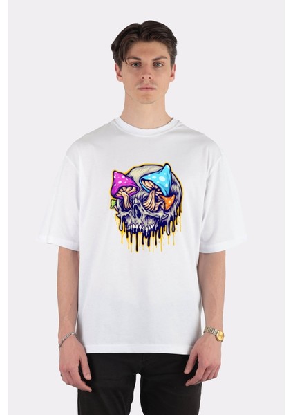 Beyaz Oversize T-Shirt Dripping Mushrooms Zombie Skull