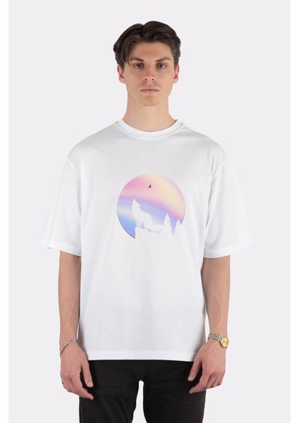 Beyaz Oversize T-Shirt The Wolf Howling At The Full Holographic Holo Moon