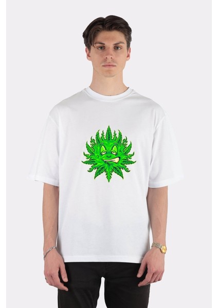 Beyaz Oversize T-Shirt Cute Weed Leaf Emoticons