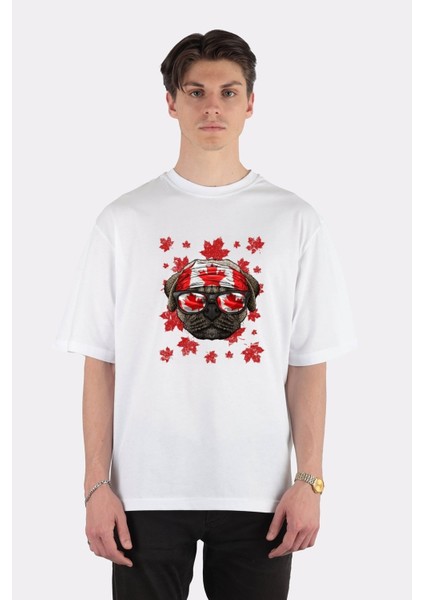 Beyaz Oversize T-Shirt Canadian Pug Patriotic Canada Flag Maple Leaf Pride