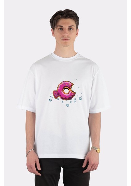 Beyaz Oversize T-Shirt Donut Piranha