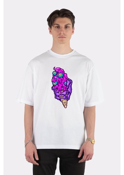 Beyaz Oversize T-Shirt Scary Ice Cream Cone Zombie Eyes
