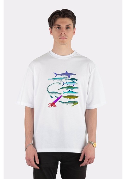 Beyaz Oversize T-Shirt 10 Extinct Sea Monsters
