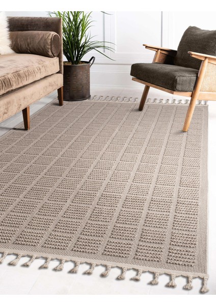 BUKLE11880 Bej Yumuşak Dokulu Halı Kilim Salon Mutfak Koridor Kesme Yolluk Dokuma Makine Halısı