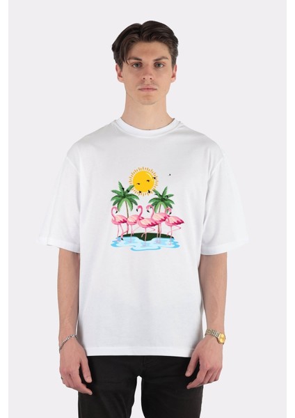 Beyaz Oversize T-Shirt Flamingo Summer Beach