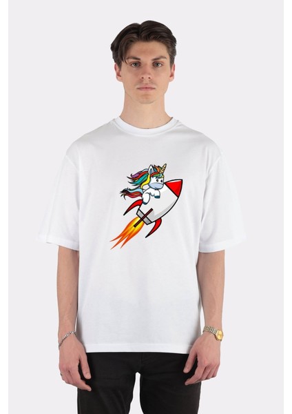 Beyaz Oversize T-Shirt Flying Unicorn On A Rocket