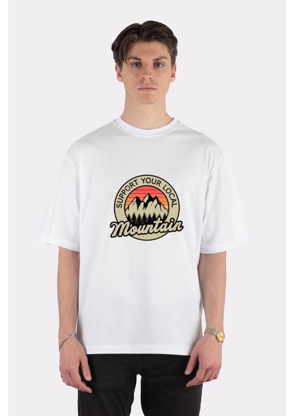 Beyaz Oversize T-Shirt Support Your Local Mountain