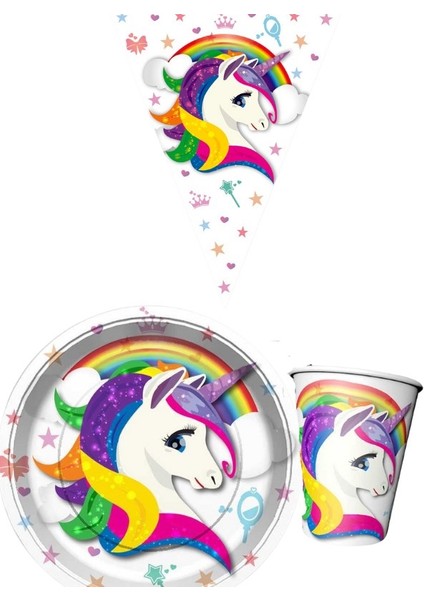 Unicorn Beyaz 8 Kişilik Kız Doğum Günü Mini Set Kız Çocuk Parti Seti Süsleme