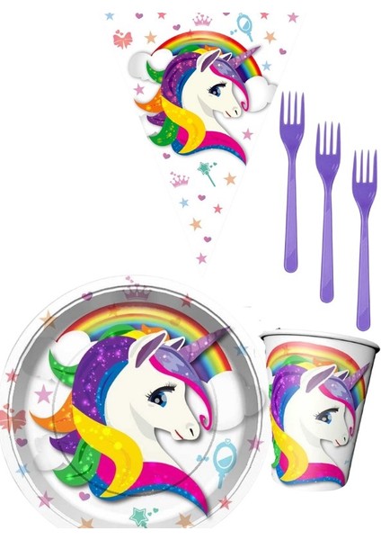 Unicorn Beyaz 8 Kişilik Kız Doğum Günü 4 Parçalı Mini Set Kız Çocuk Parti Seti Süsleme