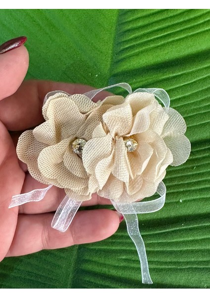 6x5 cm Ekru Çift Güllü Taşlı Tasarım Broş Yaka Iğnesi Türban Iğnesi Giyim Aksesuarı