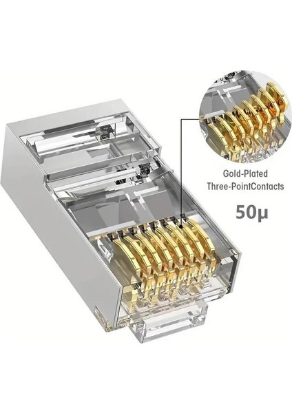 50 Adet - 50U (50 Micron) Gold Plated Cat6 RJ45 Metal Konnektör 8P8C Ethernet Kablo Ucu Jack