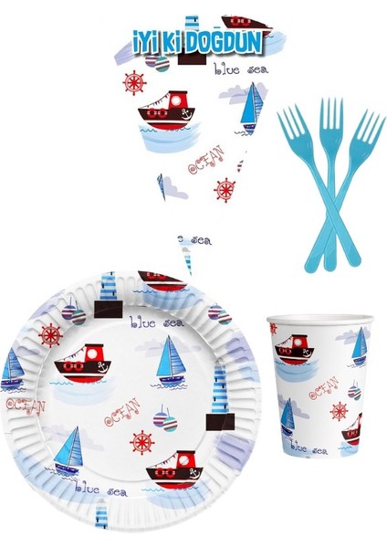 Denizci 8 Kişilik Erkek Doğum Günü 4 Parçalı Mini Set Erkek Çocuk Parti Seti Süsleme