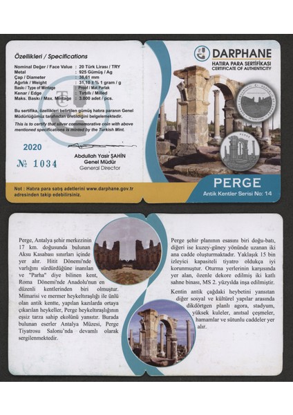 2020 Yılı ” Perge ” Darphane Hatıra Gümüş ” Antik Kentler Serisi ” Sertifikalı modelleri