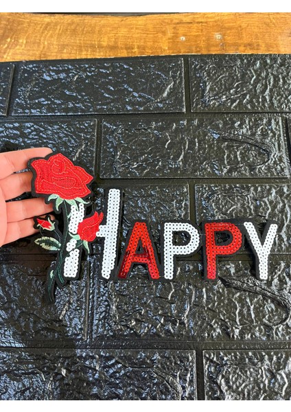 23X14 cm Ütü Ile Yapışan Güllü Payetli Happy Yazı Arma Aplike