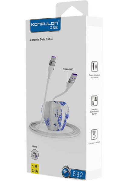 S82 Seramik Uçlu Micro USB Kablo 1m 3.1A Siyah
