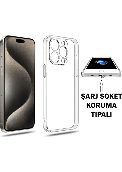 iPhone 15 Pro Uyumlu Şeffaf Kılıf Kamera Korumalı ve Şarj Soket Tıpalı Elden Kaydırmaz Esnek Silikon