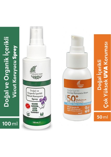 Organik ve Doğal İçerikli Vücut Koruyucu Bebek Çocuk ve Yetişkin Sprey 100 ml ve Güneş Kremi 50 ml