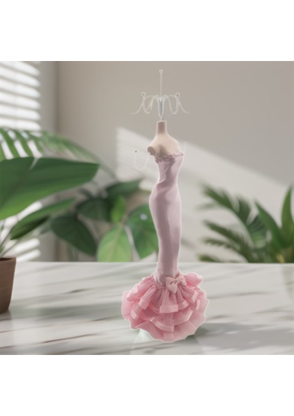 Be Beauty Toz Pembe Renk Gece Elbiseli Dekoratif ve Şık Model  Takı Kolye Küpe Askı Standı (23 Cm)