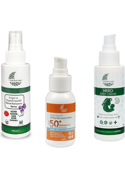 Organik ve Doğal İçerik Vücut Koruyucu Sprey, Güneş Kremi ve Çok Amaçlı Hero Anlık Yatıştırıcı 100 ml