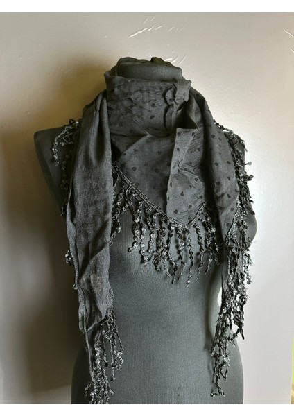 Siyah Şifon Puantiyeli Güpür Püsküllü Fular Şal
