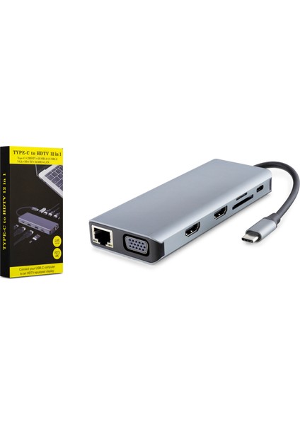 HDX7829 Usb-C To Pd + 2hdmı + 3usb3.0 +Usb2.0 + Lan + Sd +Tf + Auıdo + VGA + 12 In 1 30HZ*2 Füme