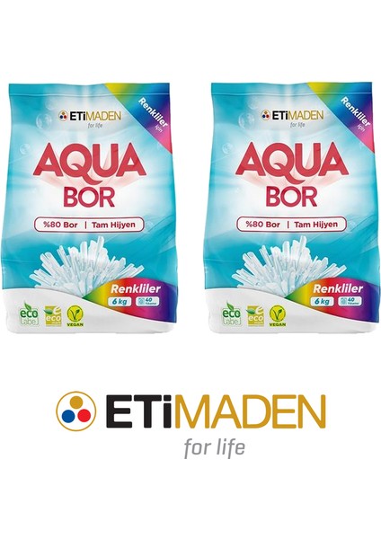 Aquabor Toz Çamaşır Deterjanı, % 80 Bor, Renkliler, 6 kg x 2 Adet