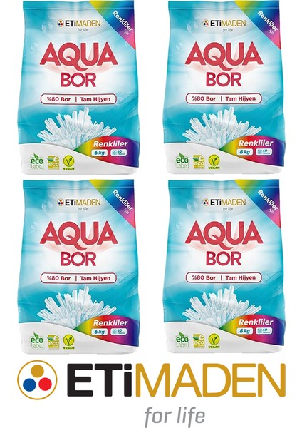 Aquabor Toz Çamaşır Deterjanı, % 80 Bor, Renkliler, 6 kg x 4 Adet