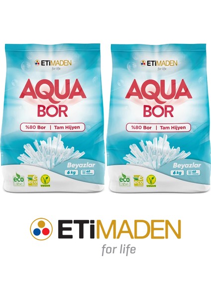 Aquabor Toz Çamaşır Deterjanı, % 80 Bor, Beyazlar, 6 kg x 2 Adet