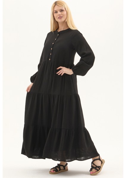 Uzun Kol Siyah Düğmeli Yazlık Uzun Müslin Elbise