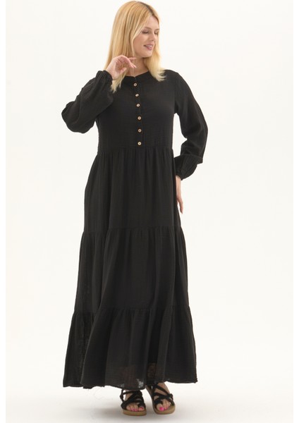 Uzun Kol Siyah Düğmeli Yazlık Uzun Müslin Elbise fiyatları
