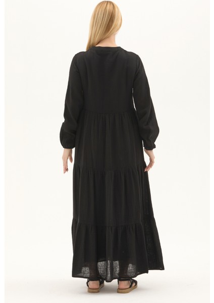 Uzun Kol Siyah Düğmeli Yazlık Uzun Müslin Elbise indirimleri