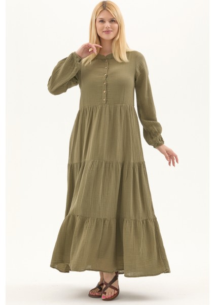 Uzun Kol Haki Düğmeli Yazlık Uzun Müslin Elbise
