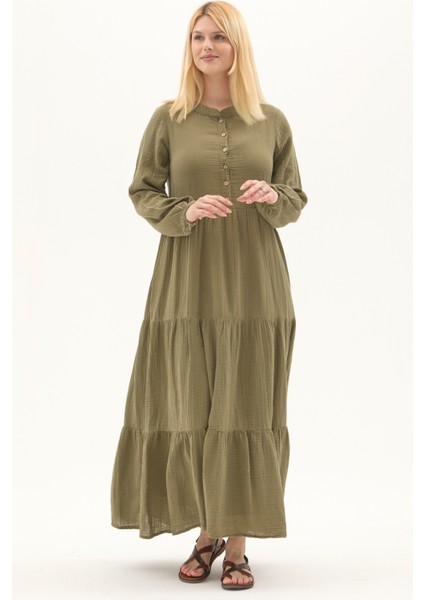 Uzun Kol Haki Düğmeli Yazlık Uzun Müslin Elbise fiyatları