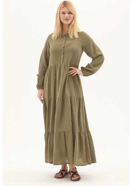 Uzun Kol Haki Düğmeli Yazlık Uzun Müslin Elbise modelleri