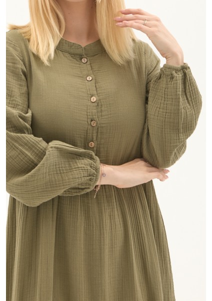 Uzun Kol Haki Düğmeli Yazlık Uzun Müslin Elbise fırsatları