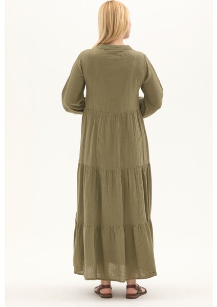 Uzun Kol Haki Düğmeli Yazlık Uzun Müslin Elbise indirimleri