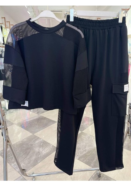 Kadın Siyah Renk File Detaylı Ikili Tişört Pantolon Alt Üst Takım