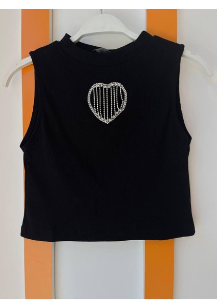 Kadın Kalp Şeklinde Dekolteli Taşlı Crop Kısa Model Bluz