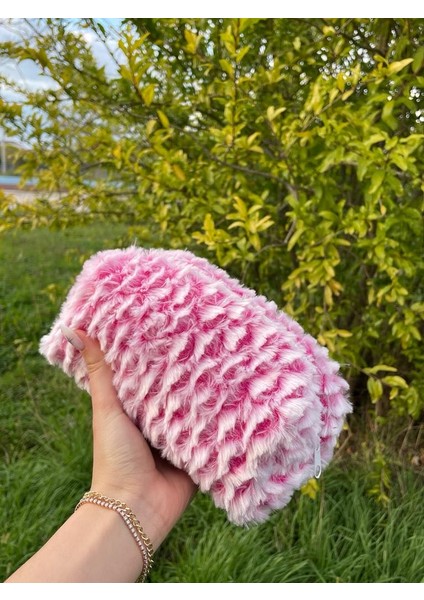 Pembe Beyaz Peluş Makyaj Çantası